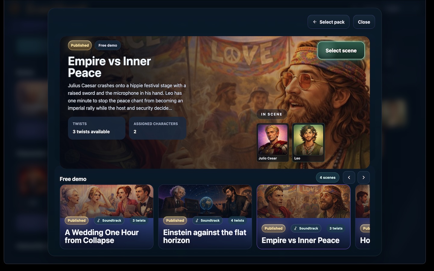 Captura de SceneVoices mostrando la seleccion de escenas y personajes