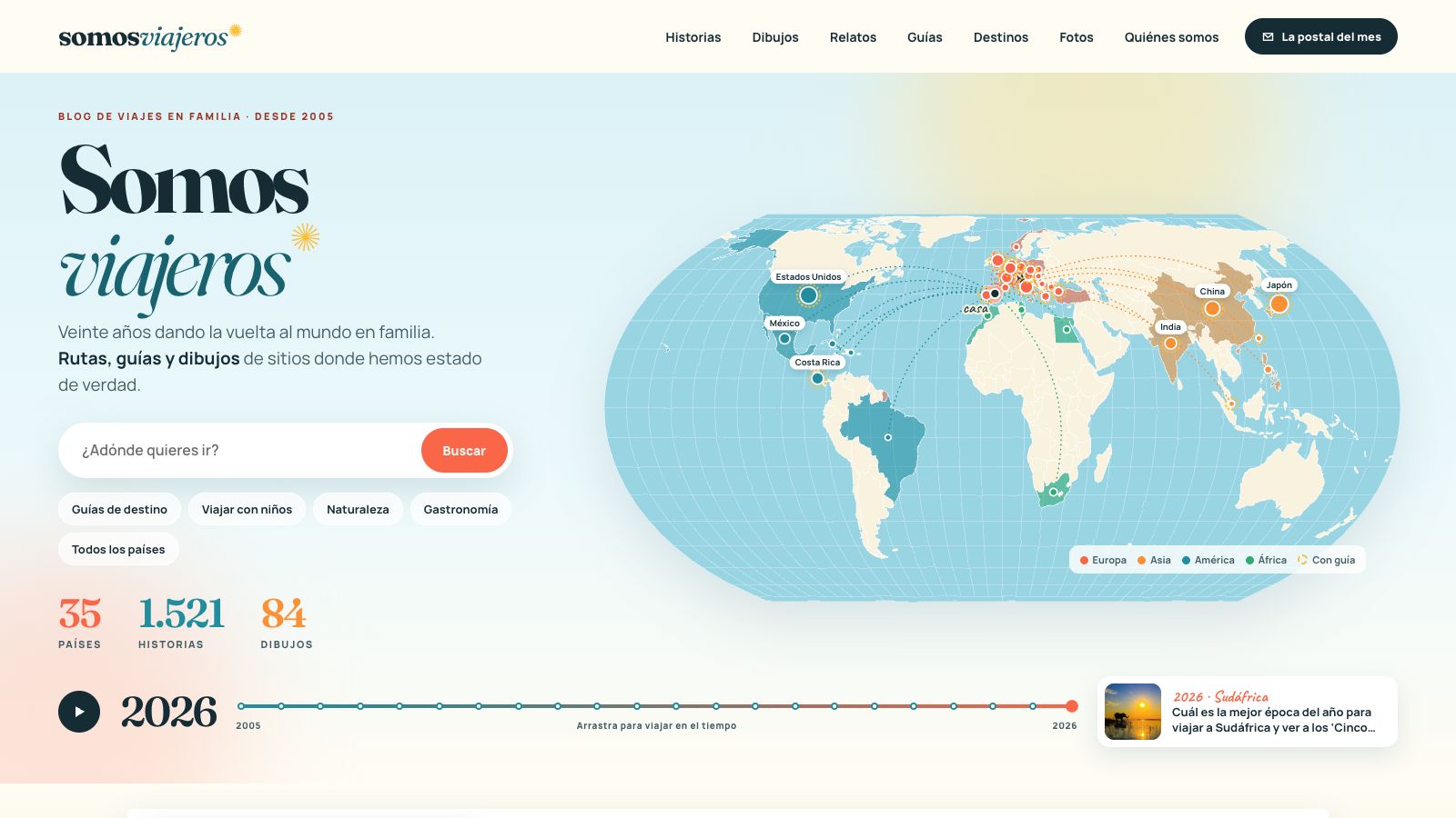 Portada de Somos Viajeros con el mapa del mundo y la cronología de viajes
