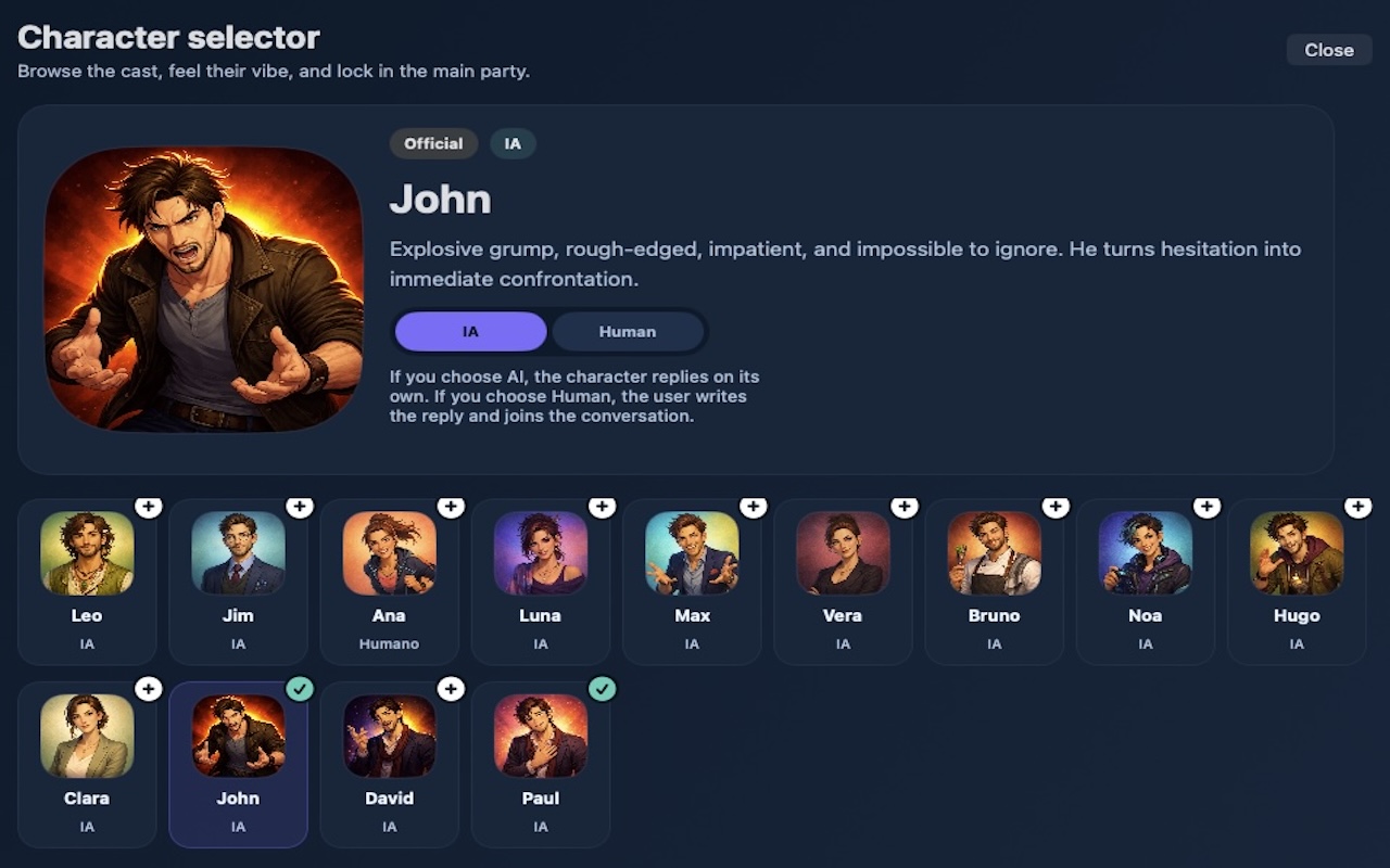 Pantalla de personajes de Bots Talking