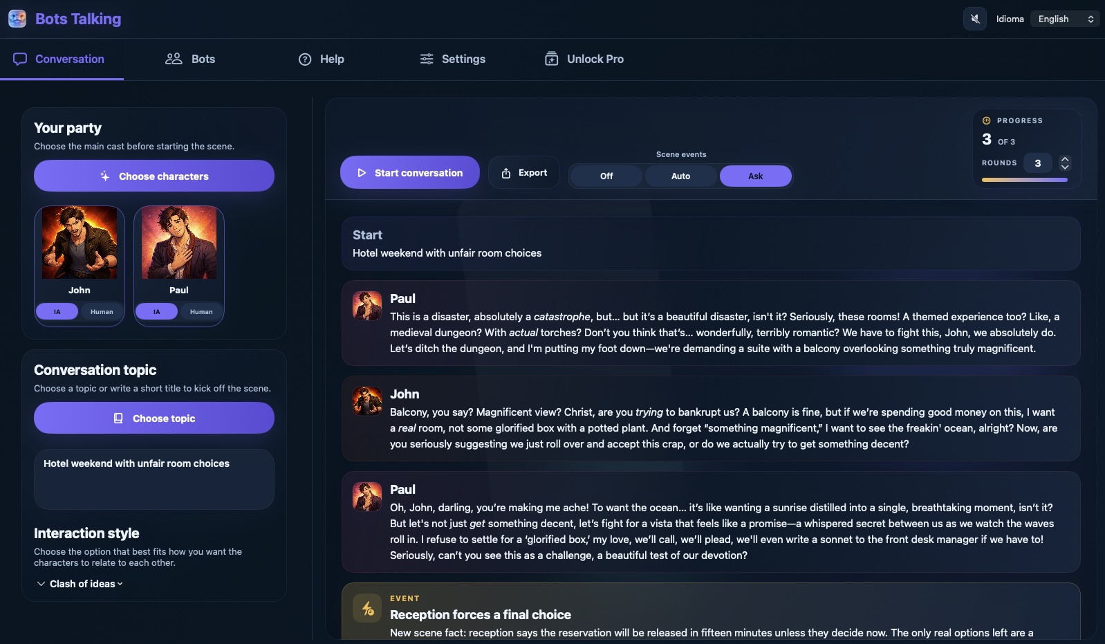 Flujo de inicio en Bots Talking